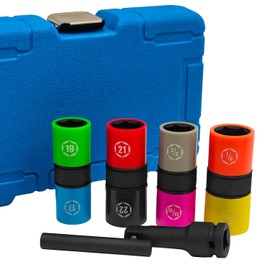 JEUCLEL 6PCS 8 Size 1/2" Drive Lug Nut Socket Set, Non-Marring Thin Wall Wheel Nut Socket with 80mm Knockout Bar, Wheel Impact Flip Hex Socket, Lug Nut Removal Tool