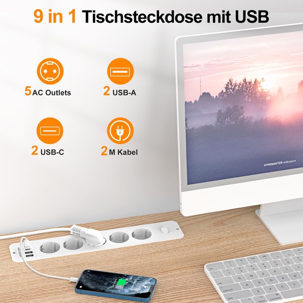 EROIZNY Steckdosenleiste Tischsteckdose mit 4 USB, 5 Fach Versenkbare Steckdose