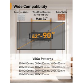 Perlegear UL-Listed Full Motion TV Wall Mount for 42–90 Inch TVs up to 150 lbs, Pre-Assembled TV Mount with Tool-Free Tilt, Swivel, Extension, Max VESA 600 x 400mm, 12″/16″/18″/24″ Wood Studs, PGLF16