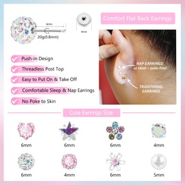 Toddler Earrings for Girls Push-in Titanium Hypoallergenic Threadless Flat Back Earrings for Women Sensitive Ears Cartilage Cute Small Pearl Star Flower Heart Pink Cubic Zirconia Studs (Pearl)