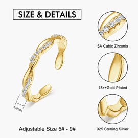 CRYSLOVE S925 Sterling Silver Adjustable Rings for Women 14K Gold Plated CZ Simulated Diamond Twisted Rope Eternity Band Stackable Rings Minimalist Thumb Finger Ring Jewelry Gifts