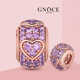 GNOCE Heart Shape Charm Bead 925 Sterling Silver Wish a Friend Twinkling Amethysts Stone Surrounded Heart Charm Fit for Bracelet/Necklace (2Rose Gold)