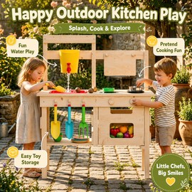 Wooden Outdoor Mud Kitchen for Kids, Waterproof Solid Wood Play Kitchen with Removable Faucet, Sink, Cutting Board, Toy Pots, Soil Cups, Magnetic Door and Storage Shelf
