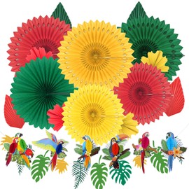 DONQL Tropical Birds Honeycomb Parrot Set,21Pcs Hawaiian Party Decorations with Hanging Colorful Paper Fan Decorations for Tropical/Tiki/Garden/Jungle Theme Party Decorations