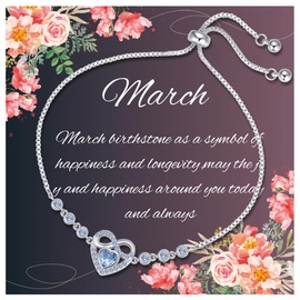Birthstone Bracelets for Women Trendy: Infinity Heart Tennis Bracelet with March Cubic Zirconia, Adjustable Silver Bracelet Christmas Mother's Day Birthday Anniversary Jewelry Gifts for Women Wife Mom
