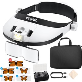 eSynic Head Magnifier with Light - 5X Interchangeable Lenses (1X-3.5X) & 6X Combo- Comfort Adjustable Headband- 8 Dual-Color LEDs for Reading&Jewelry Repair- 900mAh Rechargeable Type with Storage Bag