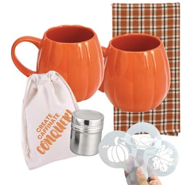 UP ARROW Fall Coffee Gift Set with Orange Pumpkin Mugs Burnt Orange Towels Latte Art Stencils Sugar|Cinnamon Shaker, Drawstring Bag Autumn Coffee Essentials