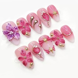 Uñas postizas cortas de acrílico con diseño de flores rosas y estrellas, forma almendrada, cobertura total, brillantes y reutilizables, 24 unidades, 1