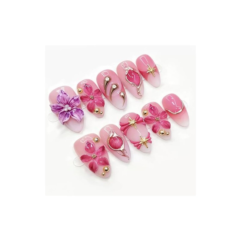 Uñas postizas cortas de acrílico con diseño de flores rosas