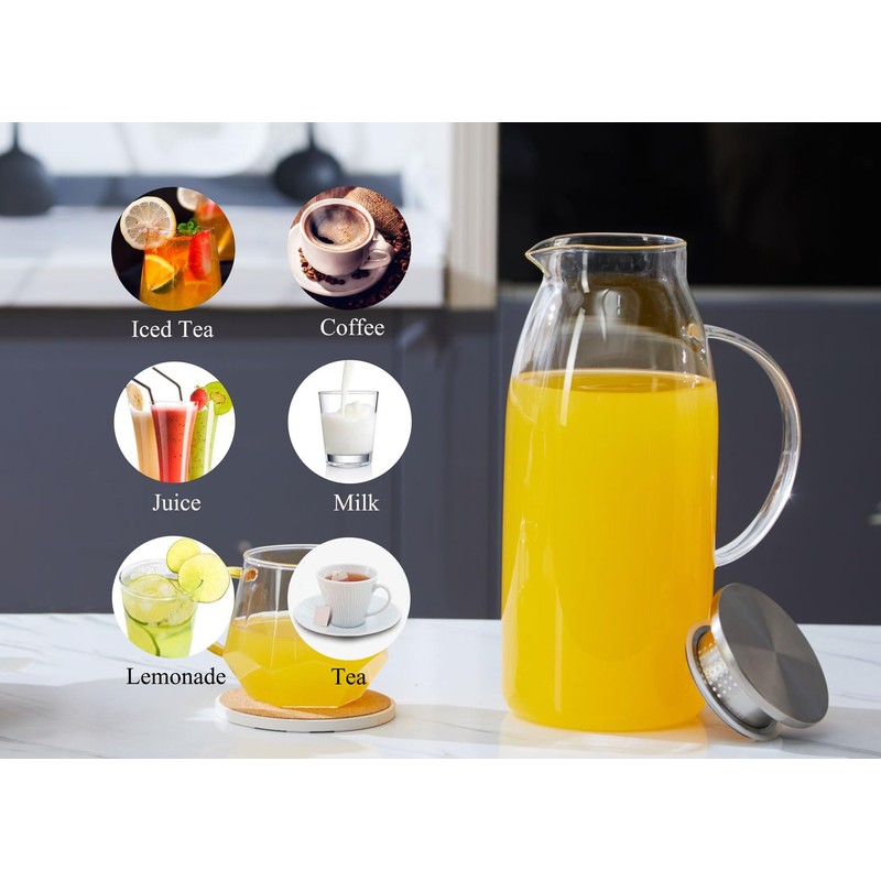 60 Ounces Glass Pitcher with Lid, Hot/Cold Water Jug, Juice