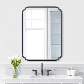 Ferytange 28"x36" Black Bathroom Mirror with Rustproof Metal Frame, Modern Rounded Corner Wall Mirror for Vanity Over Sink, Horizontal/Vertical Hanging