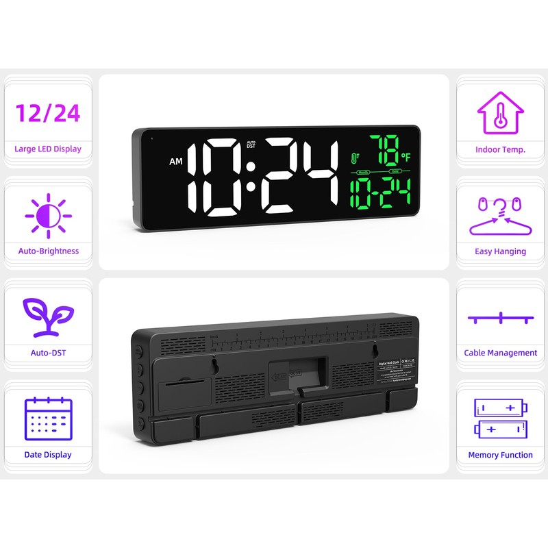 Large LED Digital Wall Clock with Date, Temperature, Auto-Brightness, Auto-DST