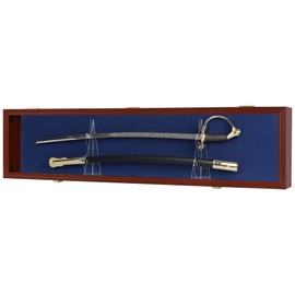 Sword Display Case Cabinet Stand Holder Wall Rack Holds Military Saber or Samurai Sword Lockable UV Protection Door Blue Felt Inside (Mahogany Finish Frame)