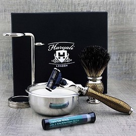 Haryali London Golden Antique Men's 3 Edge Razor Shaving Brush, Shaving Stand, Shaving Bowl, Shaving Soap and Alum Pen