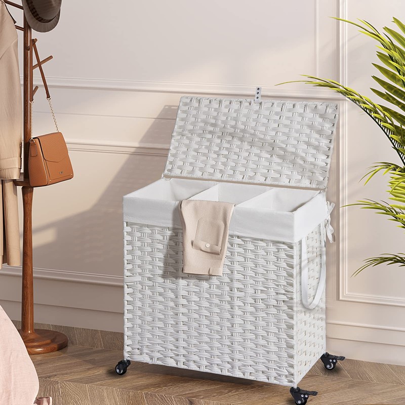 Greenstell Laundry Hamper with Wheels&Lid,130L Large 3 Sections Clothes Hamper