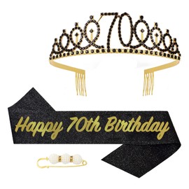 POPOYU 70th Birthday Crown and Sash, Crown 70th Birthday Women, 70th Birthday Tiara, Black Gold, Crown 70th, 70th Birthday Girl Headpiece for Birthday Gift, Party Supplies