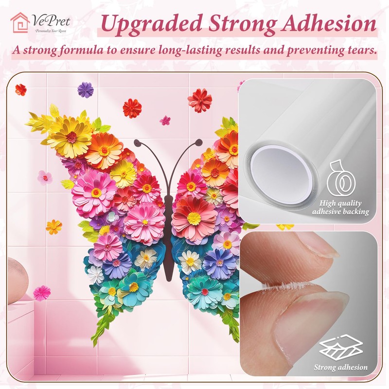 VePret Large Flowers Butterfly Wall Decals Peel and Stick, Floral
