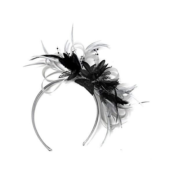 Silver Grey and Black Net Hoop Feather Hair Fascinator Headband Wedding Races