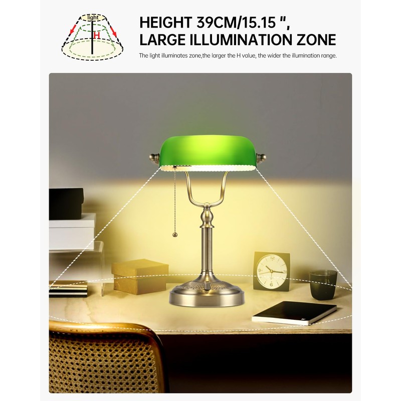 Newrays Green Glass Bankers Desk Lamp, Stepless Dimmable Table Lamp