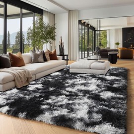 PAGISOFE 9x12 Area Rugs Living Room, Black White Grey Machine Washable Rugs for Bedroom Shag Fluffy Indoor Rugs for Kids Room Classroom Dorm Room Aesthetic Shaggy Soft Carpet Plush Rug Modern Cool Rug