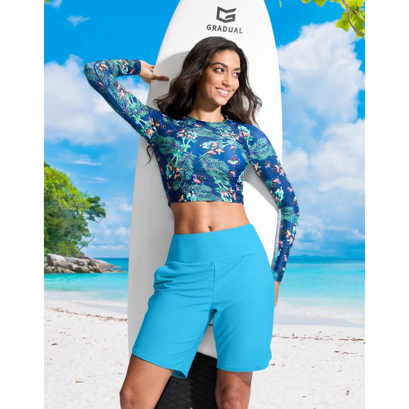 G Gradual Women's 9" Long Swim Board Shorts High Waisted