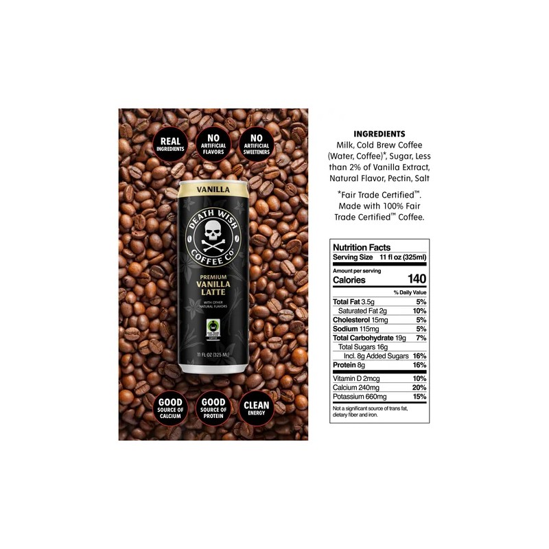Café Frío Vainilla Latte 12 Latas 8g Proteína Comercio Justo
