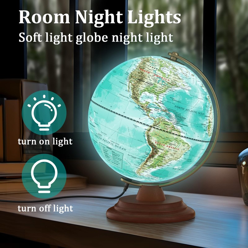 Illuminated Globe of the World with Wooden Stand, 8'' World