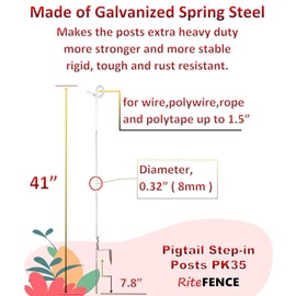 RiteFENCE Electric Fence Posts Step-in Pigtail Posts,Rod Diameter 0.32 inch (8mm), 41 inch Height, PK35