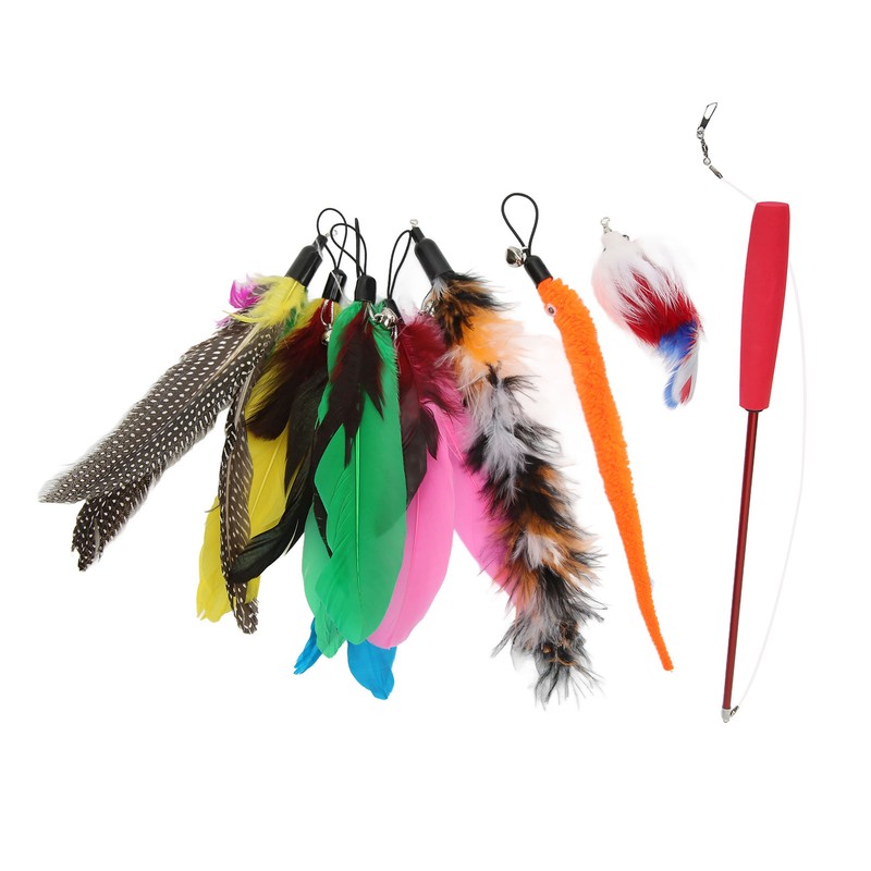 9pcs Cat Feather Wand Toy 3 Sections Retractable Cat Interactive