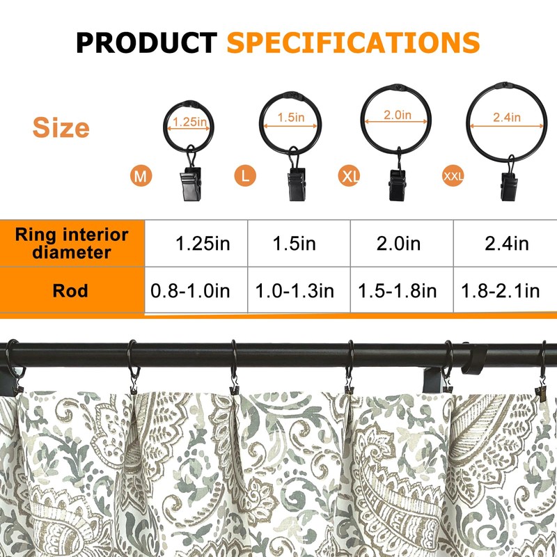 34 PCS Openable Curtain Rings with Clips, 1.25-Inch Inner Diameter
