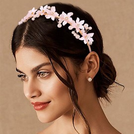 Fdesigner Flower Headband Pearls Rhinestones Head Bands Floral Bride Weeding Party Hair Accessories for Women (Pink)