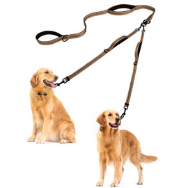 PetBonus Double Dog Leash, No Tangle Dual Leash, Reflective Walking Training Lead, 4 Comfortable Padded Handles for 2 Dogs with Collapsible Bowl and Waste Bags (Brown, Large)