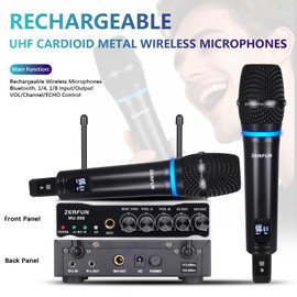 ZERFUN 2 Channel Rechargeable Wireless Microphone System, Pro UHF Metal Handheld Wireless Microphones Cordless Mics with Echo Bluetooth VOL Channel Control for Karaoke Singing Church(MU-898)