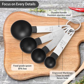 8 Pcs Measuring Cups and Spoons Set, Stackable Stainless Steel Handle Accurate Tablespoon for Measuring Dry and Liquid Ingredients Small Teaspoon with Plastic Head (Black)