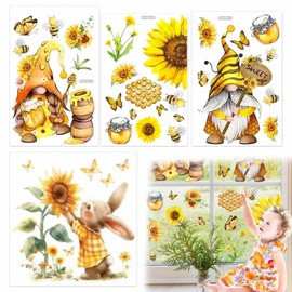 Fenstersticker Ostern - Fensterdekoration mit Sommermotiven und Osterbildern, Selbstklebende Eierfolie für Ostern, Fensterbilder mit Motiven von Hase, Biene, Gnom und Sonnenblume