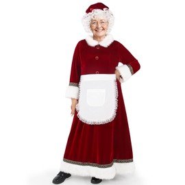 Ahititi Mrs Claus Costume Adult Women Christmas Santa Dress Long Sleeve 5Pcs Deluxe Xmas Suit Cosplay Party Outfit Plus Size