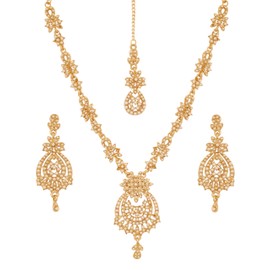 Touchstone NEW Indian Bollywood Trends Filigree Floral Pattern Sparkling Pearl Designer Jewelry Necklace Set Mangtika In Antique Gold Tone For Women.
