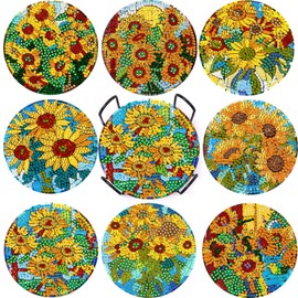 DOTSOPS 8 Pcs Sunflower Diamond Art Coasters with Holder Diamond Painting Coasters Kits for Adults Beginners Diamond Craft for Christmas Birthday Gifts
