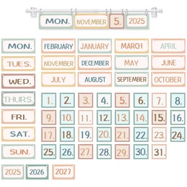 Chiisong Boho Calendar Bulletin Board Set Classroom Flip Calendar with Holder for Teacher Must Have Classroom Set Include Adjustable Holder and 53 Date Cards for School Decor Supplies