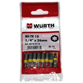 Würth 10x TX15 Bit 1/4 Zoll x 26mm TX 15 C 6,3 Antrieb Schrauben 06143115 Innensechskant