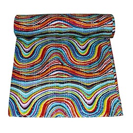 YUVANCRAFTS Indian Handmade Vintage Kantha Quilt Twin Size Pure Cotton Multi Color Kantha Throw Blanket Bedspread Coverlet