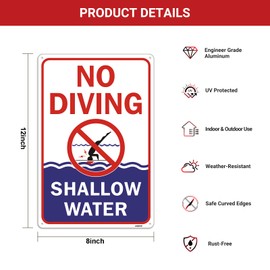ANZEKE No Diving Sign, 12"x8" No Diving Pool Signs, Rust Free Reflective Aluminum No Diving Shallow Water Sign, Fade/Weather Resistant, Waterproof, UV Protected, Pool Safety Signs, Easy to Install