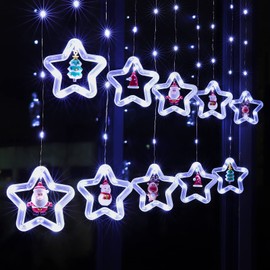 BLOOMWIN Christmas Curtain Lights Indoor Hanging Window Light 10 Stars Ring with Xmas Ornaments - USB Remote Control 9.8ft Christmas Window Lights Decorations
