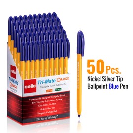 Cello Tri-Mate Orange Ballpoint Pens Medium Point Biro, (Blue, Pack of 50)
