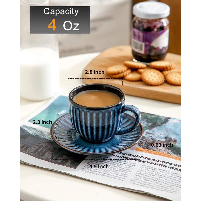 Hasense 4 Oz Espresso Cups with Saucers Set of 4,