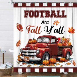 DYNH Fall Football Sport Shower Curtain, Fall Autumn Maple Leaves Pumpkin Farmhouse Harvest Football Thanksgiving Brown Shower Curtain for Bathroom Autumn Bath Curtains with Hooks,72x72IN