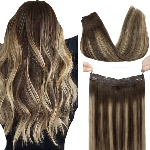 GOO GOO Wire Hair Extensions Human Hair Balayage Chocolate Brown to Honey Blonde 75g 14 Inch Hairpiece Natural Real Hair Extensions Wire Hair Extensions with Invisible Line Straight Hair