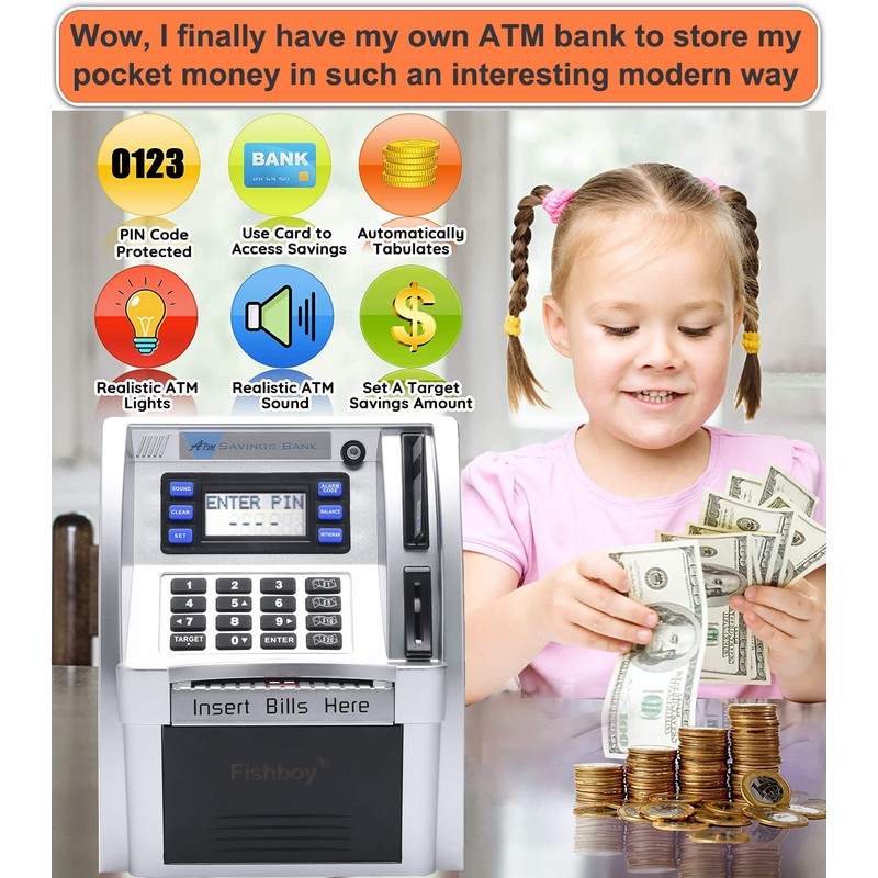 Fishboy ATM Piggy Bank for Kids with Power-Off Memory and