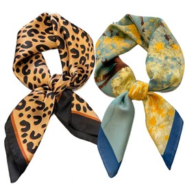 Rcrawica Silk Feeling Bandana Scarf for Women Head Hair Neck Satin Scarves Wraps 27.5" Handbag Accessories Western Scarves (16 Leopard Print/Navy Blue)