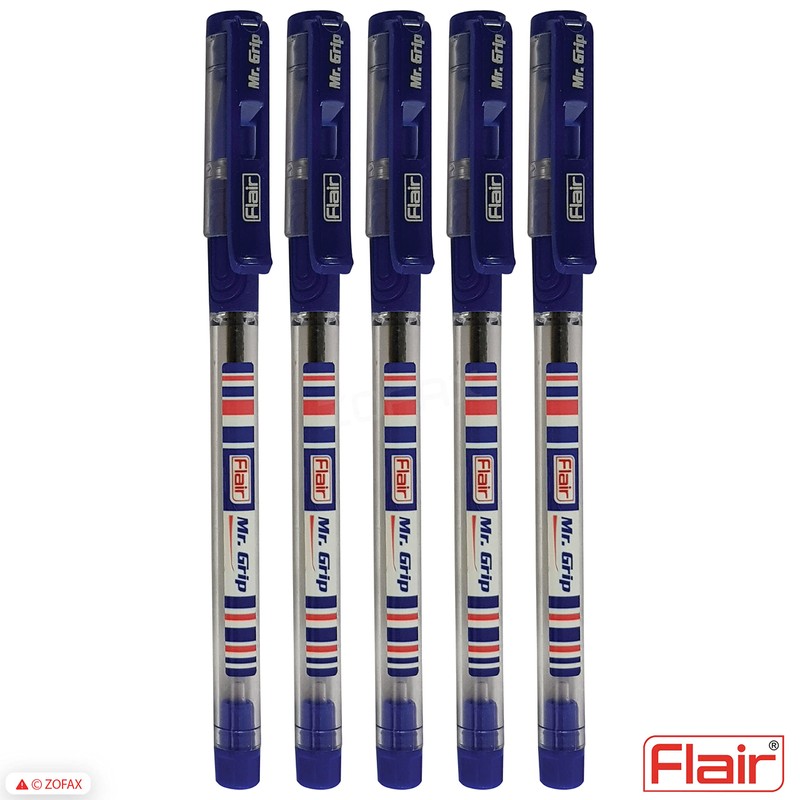 Flair 5 x 0.7mm Mr Grip BLUE Ballpoint Pens Rubber